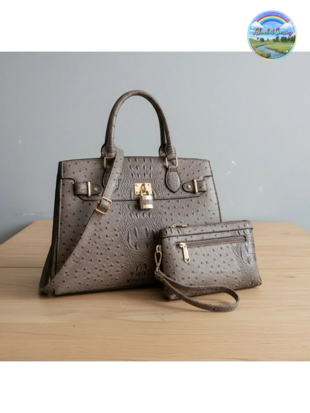 Vegan Leather Satchel Handbag with Matching Clutch and Shoulder Strap